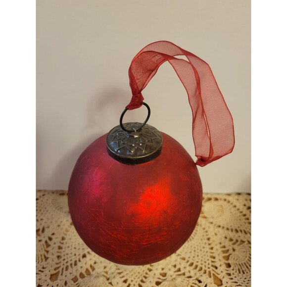 Kugel Ornament Crackle Glass Crimson Red Round Bulb - Picture 1 of 12